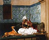 Jean-Leon Gerome Arnaut blowing Smoke at the Nose of his Dog painting